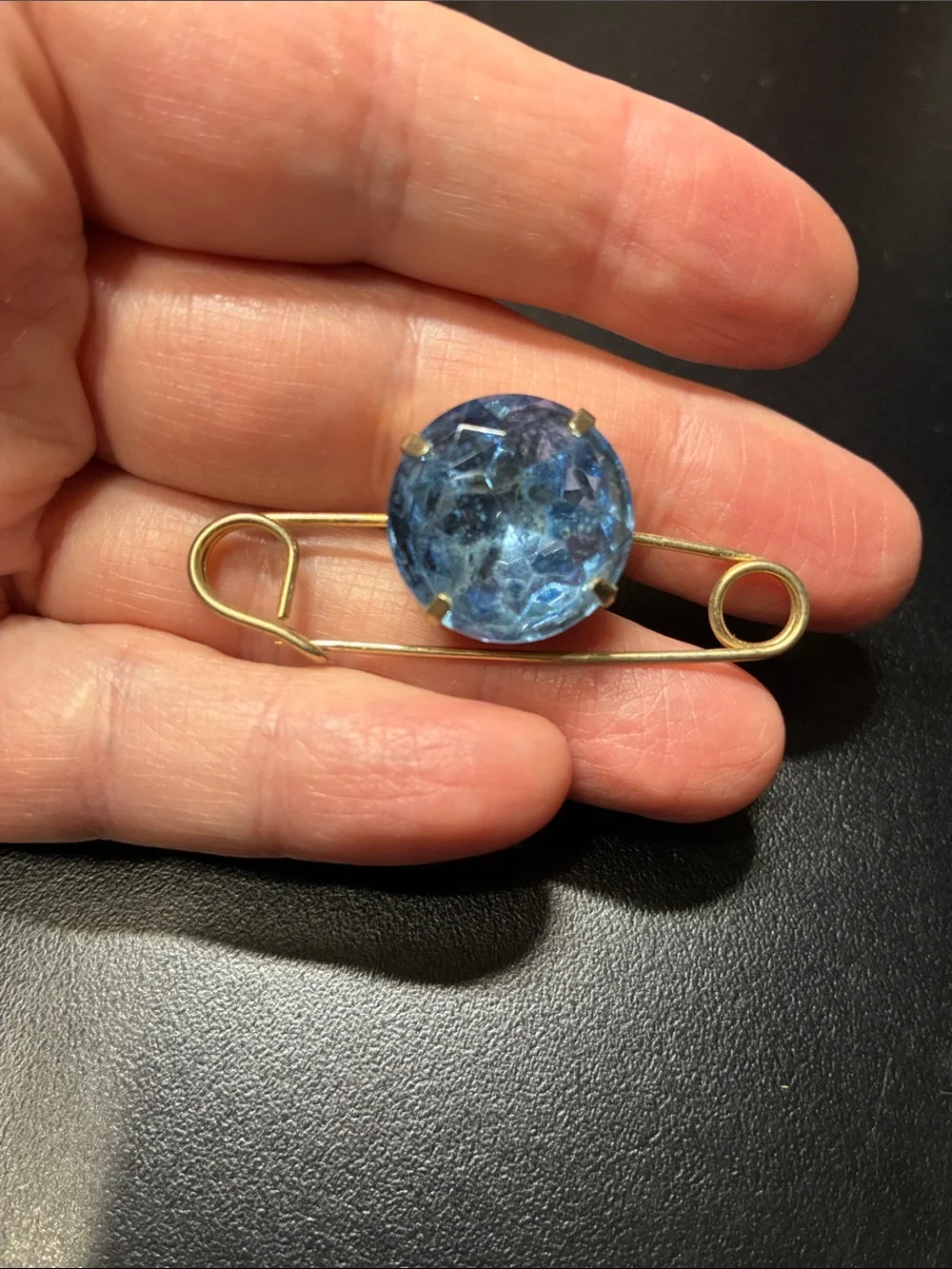 Vintage Blue Glass Stone safety Pin Brooch